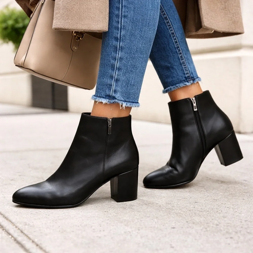 Franco Sarto Black Leather Ankle Boots Size 7.5 Block Heel Zip